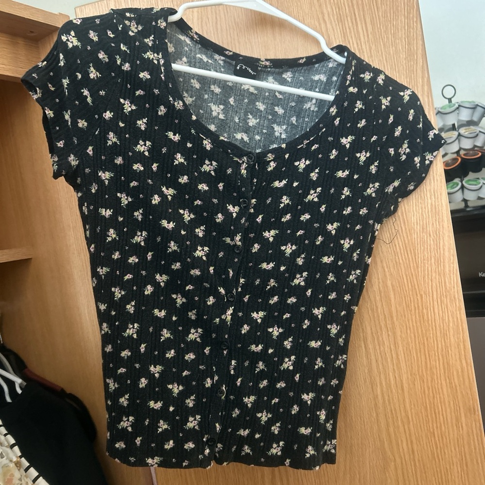 Floral Black Button-Up Top